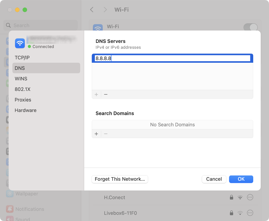 To speed up the Internet connection on your Mac, add a new DNS server and click OK to see if this resolves your issues.