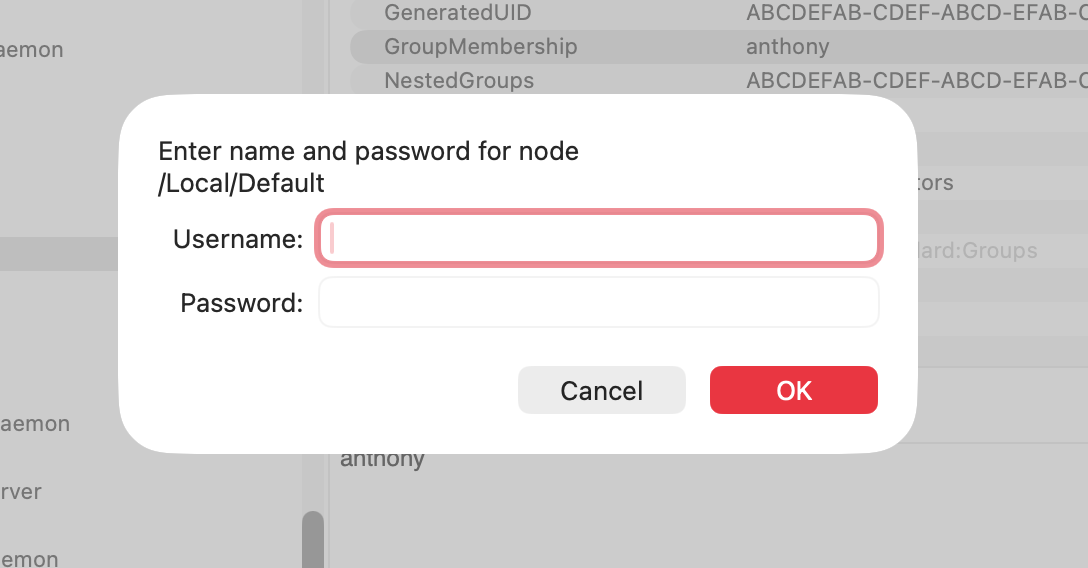 Before you can make any changes in Directory Utility, you need to click the padlock icon and enter your admin username and password.