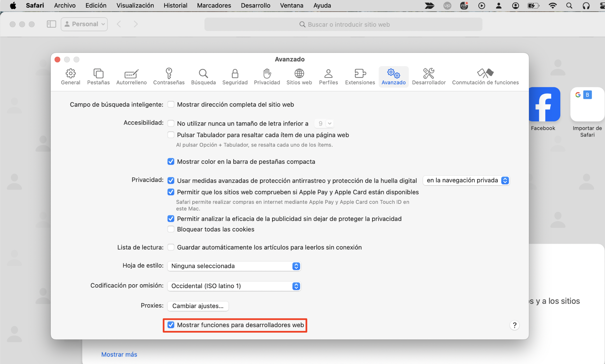 El menú de Ajustes avanzados de Safari. Mostrar funciones para desarrolladores web está marcado. Cómo restablecer Safari, como parte de una guía sobre cómo eliminar las ventanas emergentes falsas de McAfee en Mac.