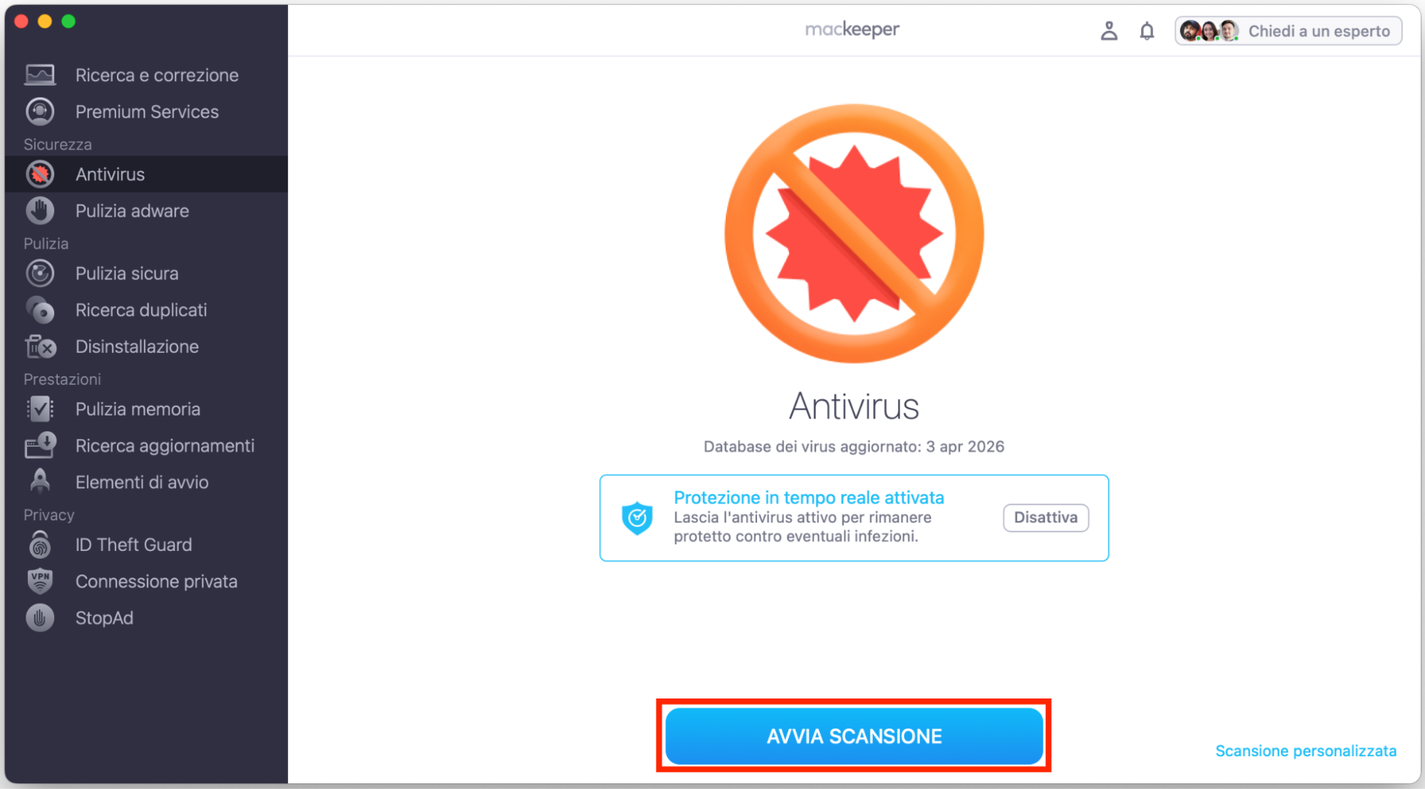 Infine, per controllare il tuo Mac alla ricerca di virus in MacKeeper, fai clic su Avvia scansione e MacKeeper analizzerà il tuo portatile per rilevare eventuali virus.