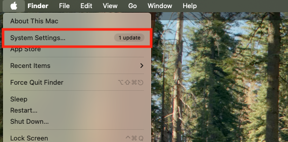 If you want to stop OneDrive from running in the background as soon as you start macOS, you'll need to look in your System Settings. You can get to that from the Apple icon in your menu bar.
