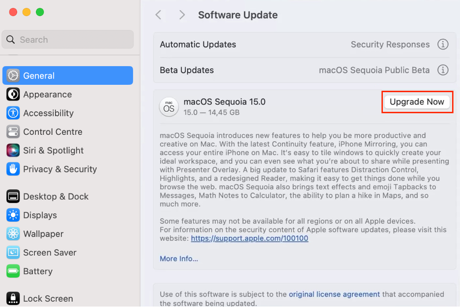 To install macOS Sequoia via System Settings, click Upgrade Now, read the Software License Agreement and click Agree.
