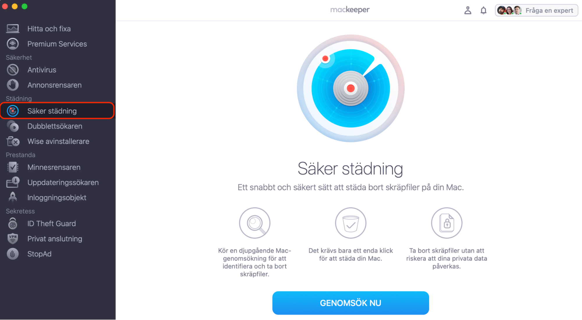 Öppna funktionen Säker städning i MacKeeper för att starta skanningen och identifiera cachefiler.