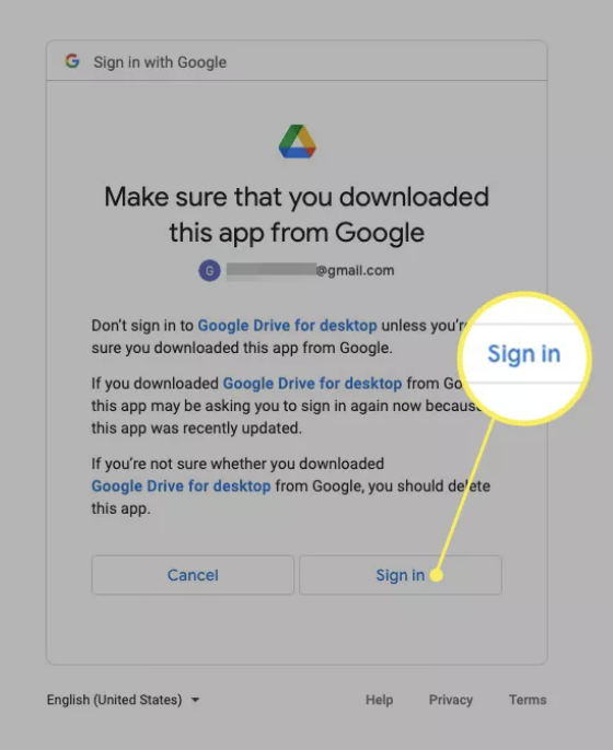 Once you’re happy and ready to access your Google Drive account on your desktop to be able to sync Google Drive into Finder, click on Sign in.