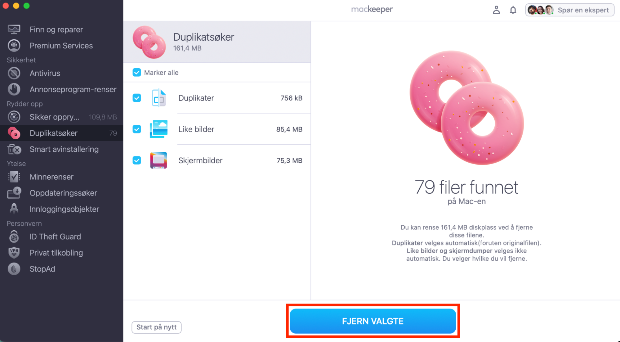 Slett duplikatfiler ved å klikke på knappen Fjern valgte i funksjonen Duplikatsøker