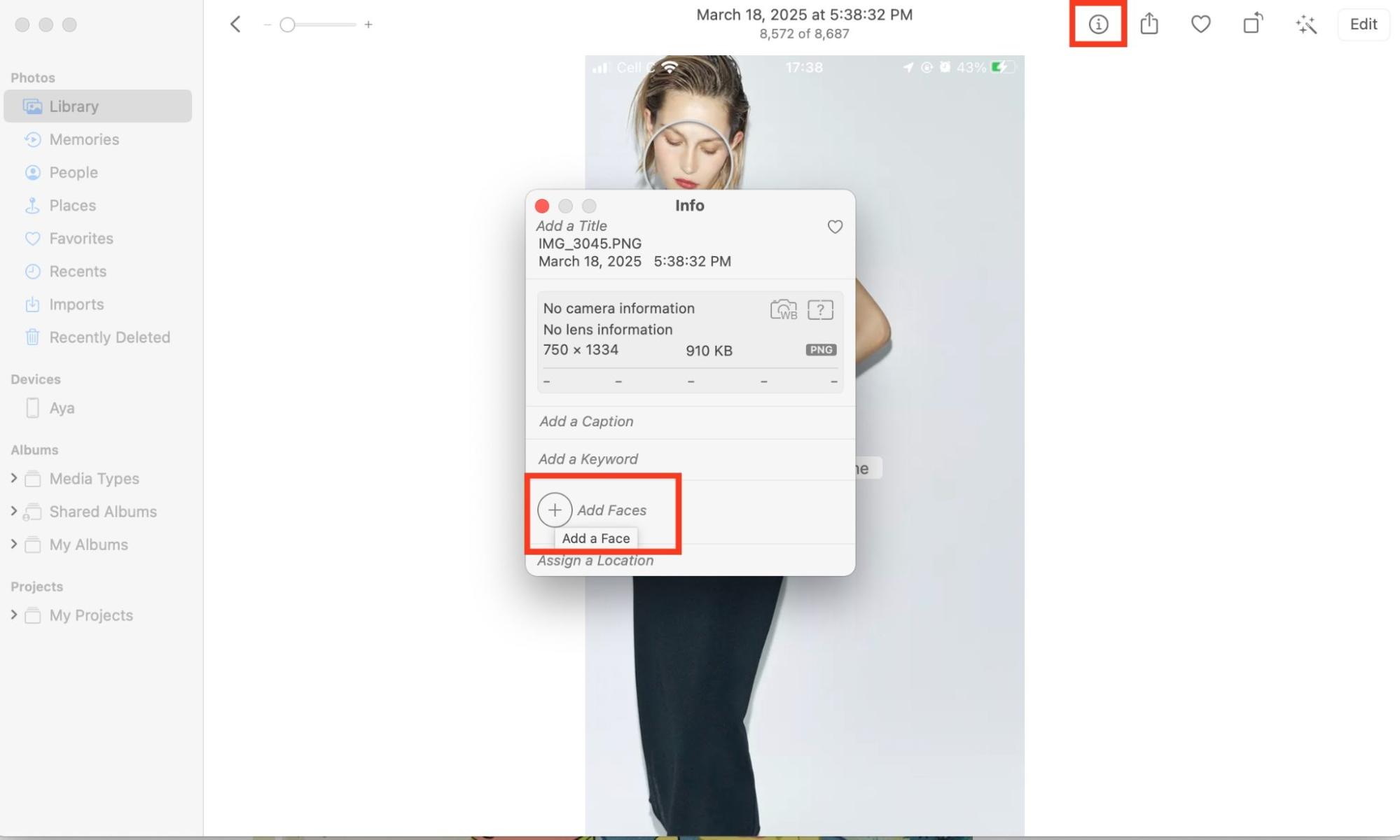 A photo is opened on a Mac. Click on the Info icon and Add Faces to recognize faces manually and fix photoanalysisd high CPU usage on Mac.
