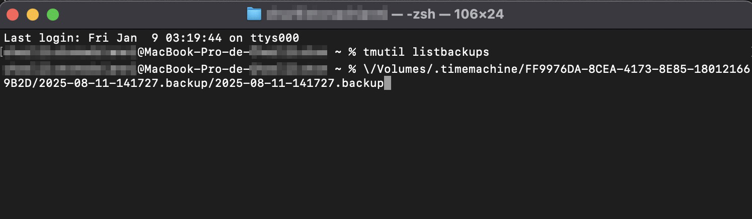 Você pode usar o tmutil para ver quais backups estão armazenados no seu Mac. Digite tmutil listbackups para obter uma lista completa do que está salvo no seu Mac.