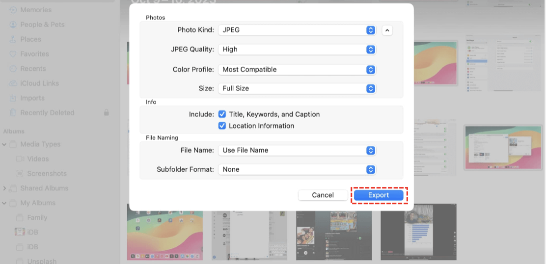 Once you’ve clicked on all the images you want to transfer, go to File > Export > Export (number) Photos. Make sure to choose your connected external drive as the destination you want your photos to save to. When you’re ready, click export.