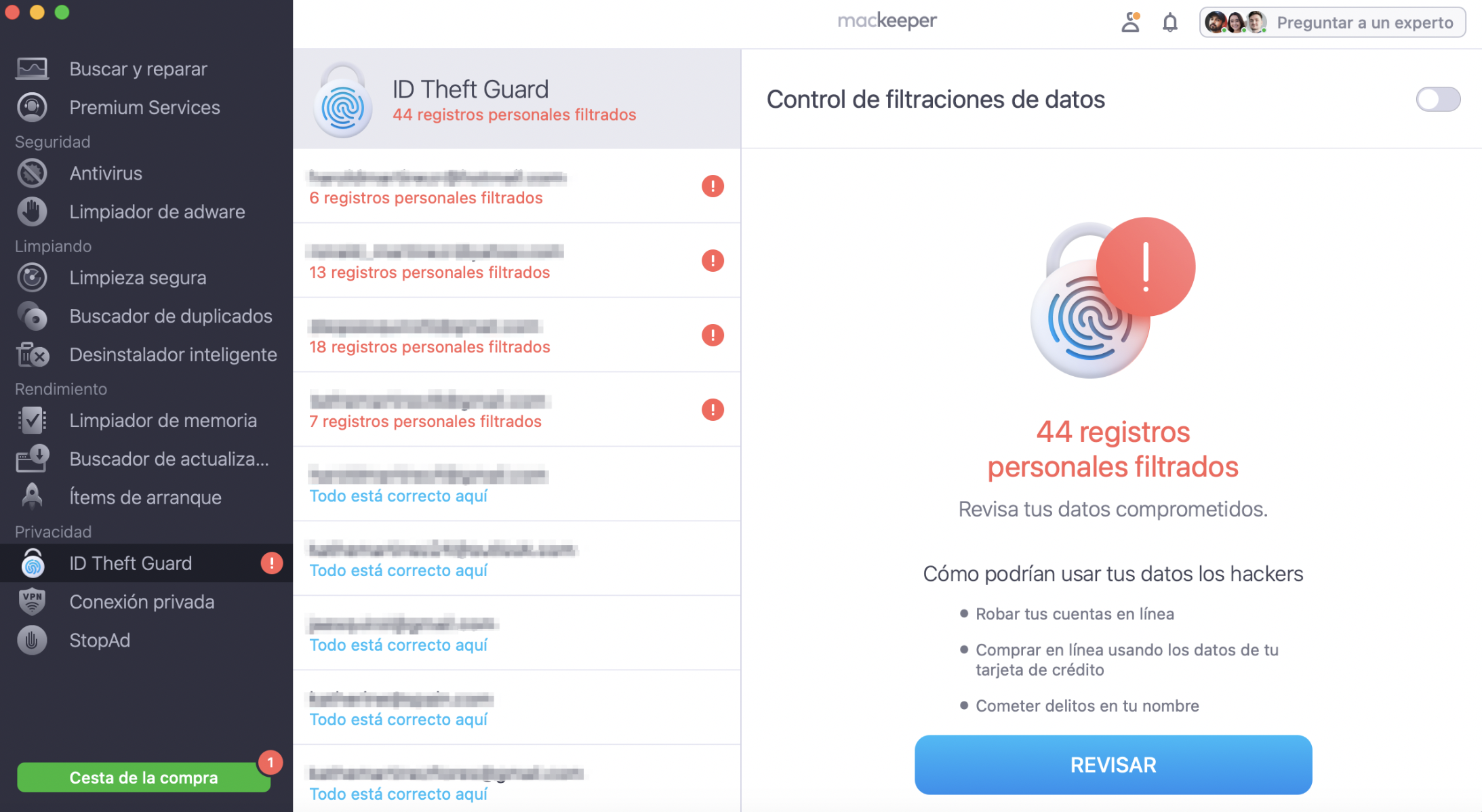 Para protegerte de las filtraciones de datos, abre MacKeeper, selecciona ID Theft Guard y haz clic en Escanear nuevo correo electrónico.