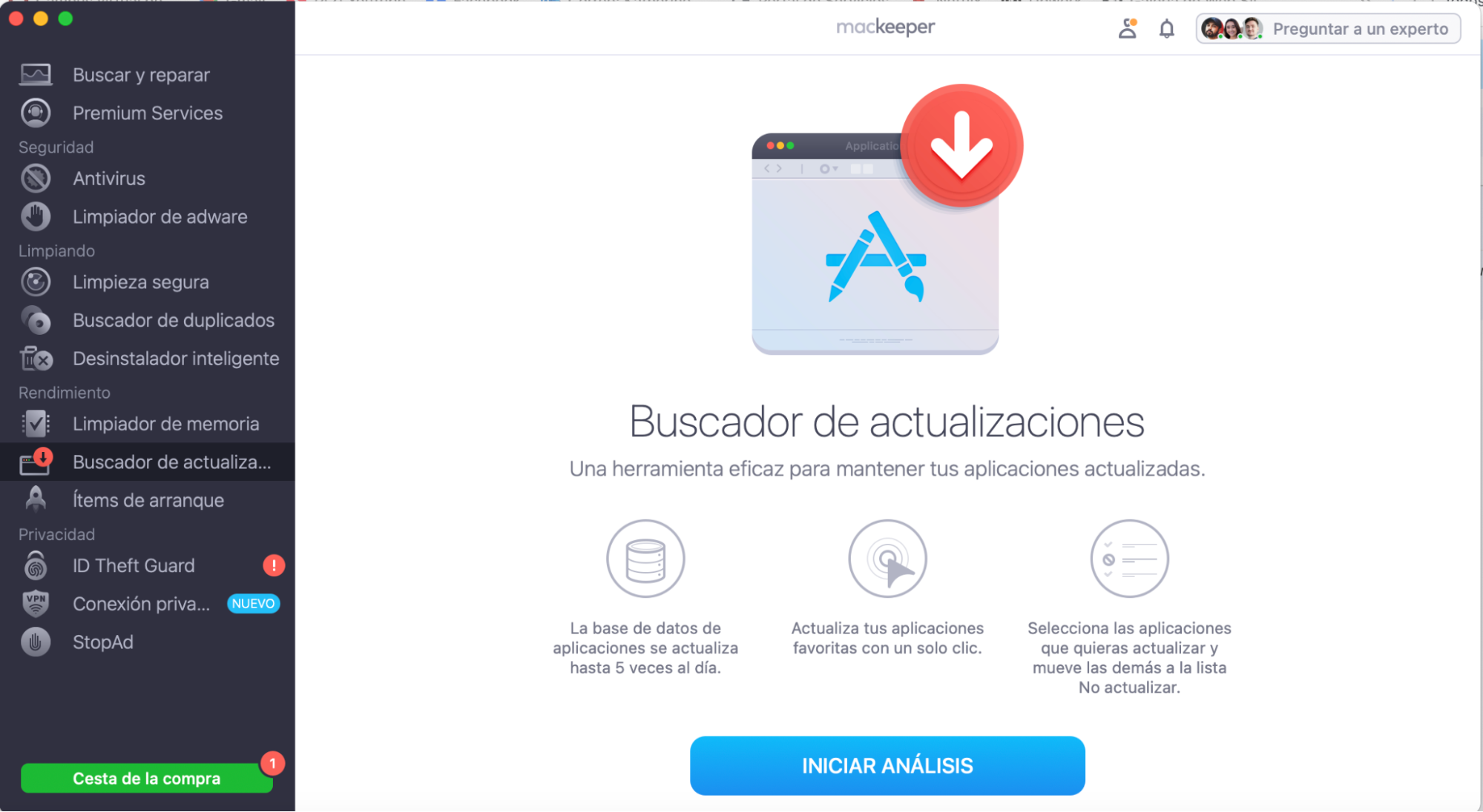 Para gestionar las actualizaciones de tus aplicaciones, inicia MacKeeper, selecciona «Seguimiento de actualizaciones» en el menú de la izquierda y haz clic en «Iniciar análisis».
