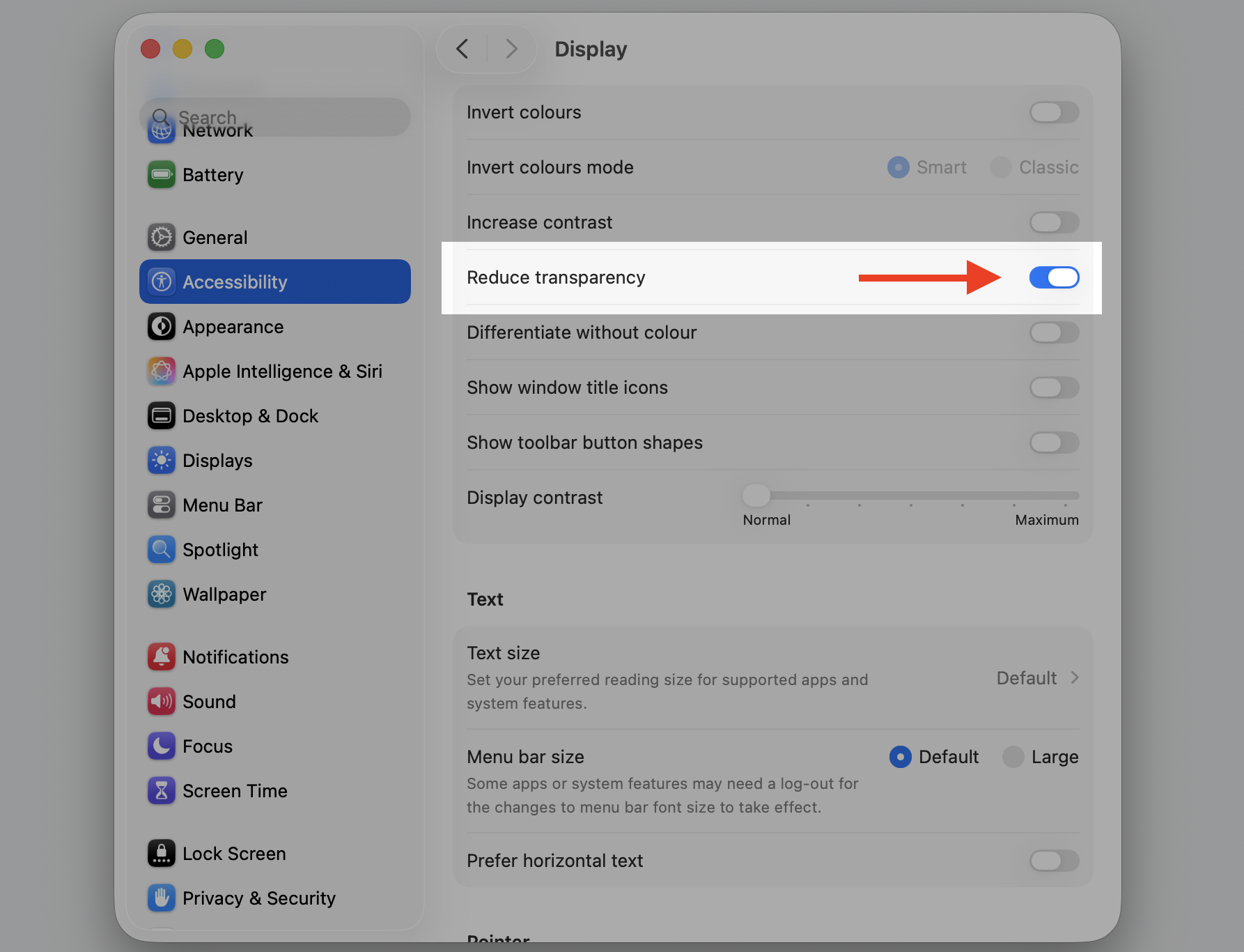 Accessibility Display settings on a Mac with Reduce transparency turned on to ease macOS Tahoe lag in the Save As dialog.