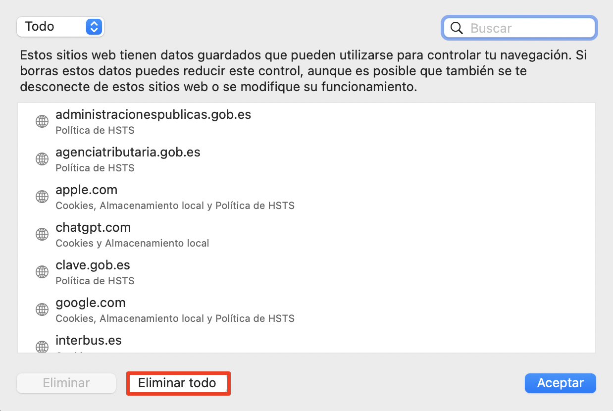 La pantalla Administrar datos del sitio web en Safari en un Mac. Cómo arreglar servicio de cuentas quiere usar el llavero de inicio de sesión.