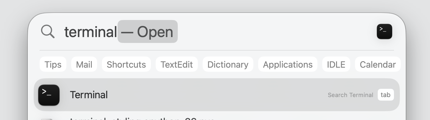 Spotlight search bar on macOS showing the Terminal app result highlighted, ready to open and set a Mac shutdown timer with a typed command.