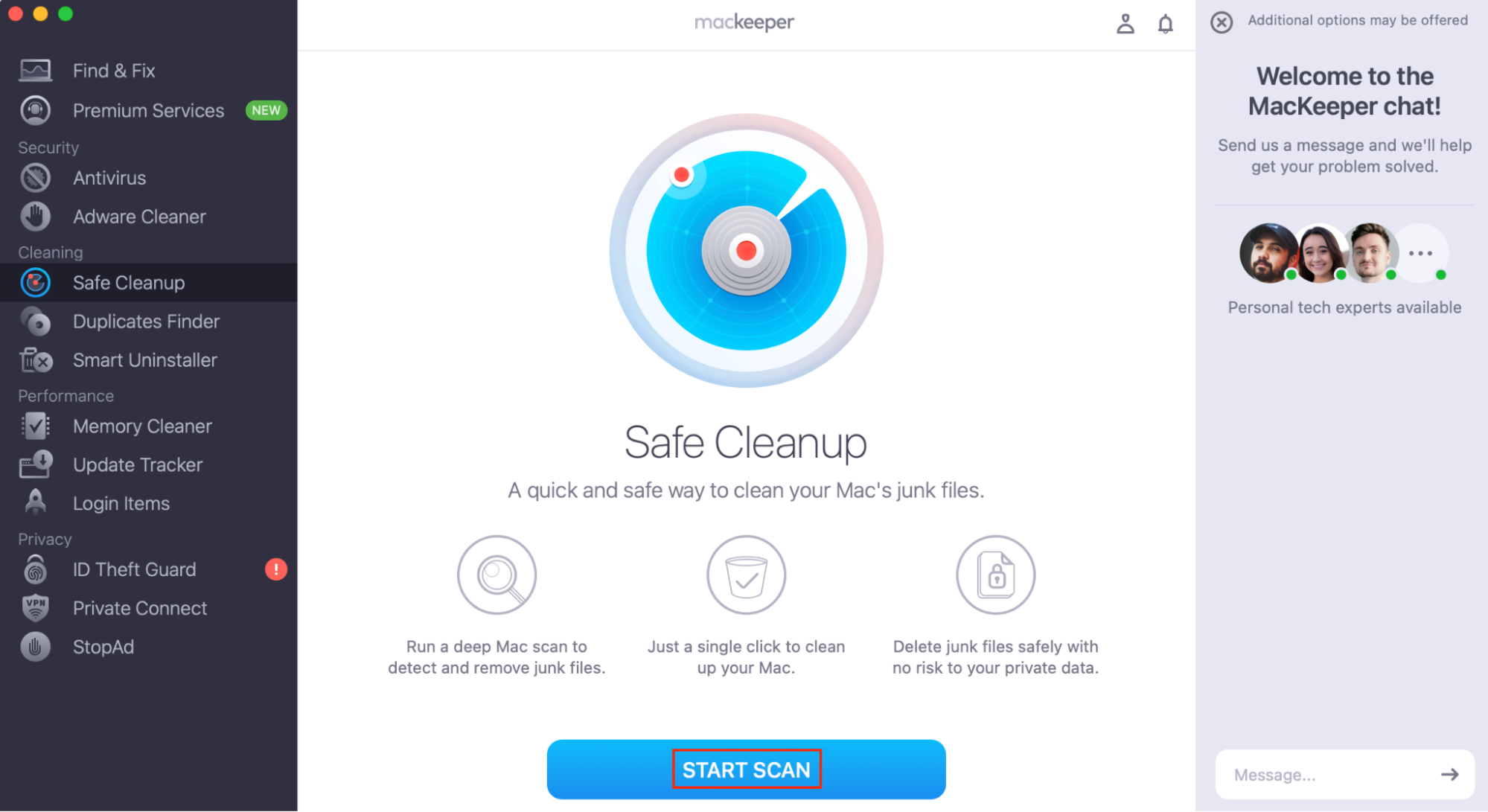 To detect and remove junk files from your Mac, run MacKeeper and select Safe Cleanup from the sidebar. Then click Start Scan.