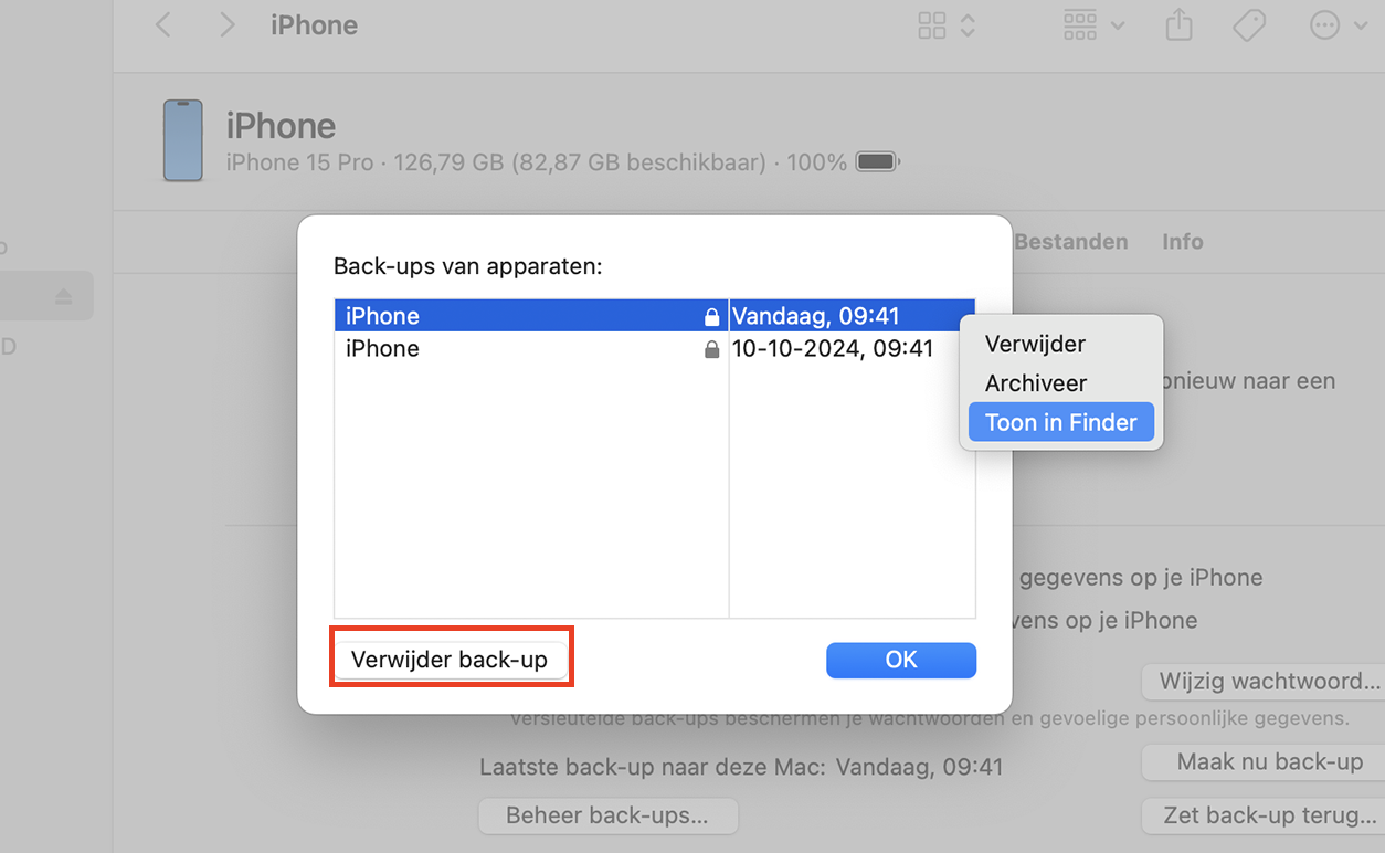 Selecteer in het pop-upvenster de gewenste iOS-reservekopie en klik op de knop ‘Verwijder reservekopie’.