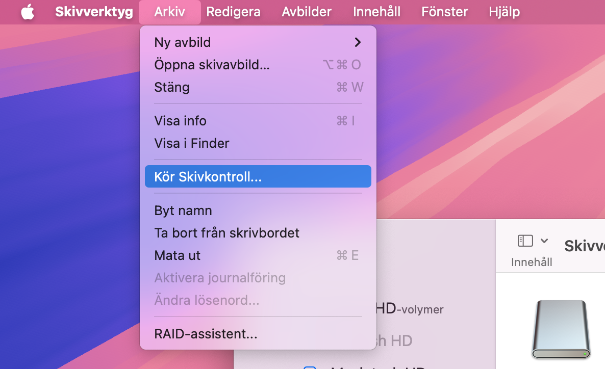 Med Skivverktyg kan du köra Skivkontroll. Detta försöker hitta och åtgärda problem med din externa enhet. Klicka på knappen Skivkontroll för att komma igång, eller starta funktionen från fliken Arkiv i menyraden.