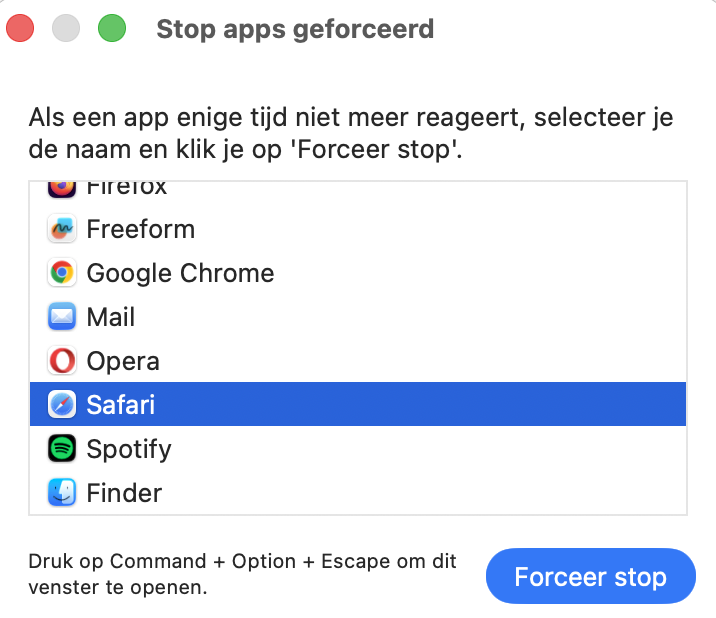 Het venster ‘Forceer stop programma’s’ in macOS toont een lijst van alle actieve apps. Om Safari geforceerd te stoppen, selecteer je het eerst en klik je vervolgens op de knop ‘Forceer stop’.