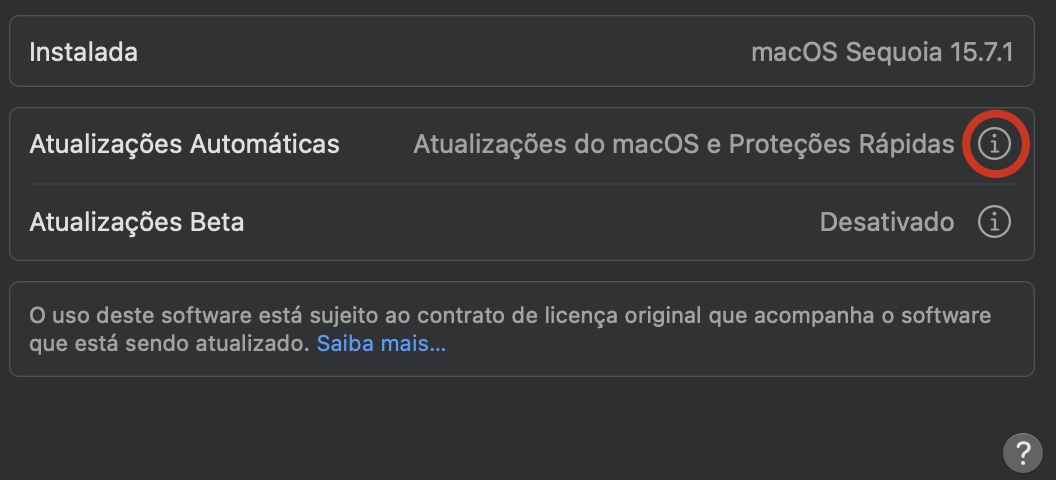 No topo da janela, você deverá ver Atualizações automáticas. Clique no ícone i para ver mais informações sobre as atualizações.