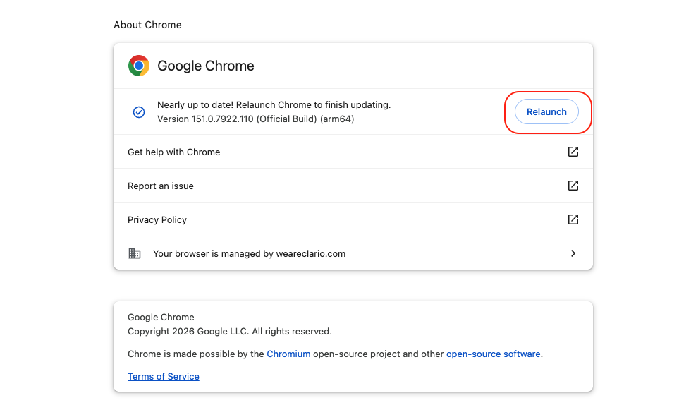 The About Google Chrome page on an Apple computer showing the Relaunch button used to apply the update and fix the crashing browser.