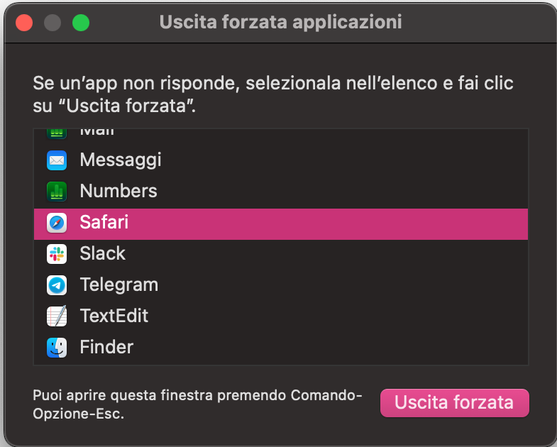 Per forzare la chiusura di Safari, seleziona il logo Apple in alto a sinistra dello schermo. Scegli Uscita forzata, seleziona Safari e conferma la chiusura forzata.