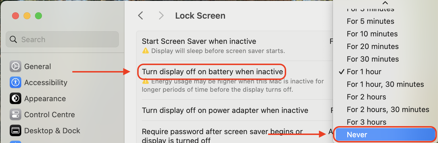 Within Lock Screen settings, set Turn display off on battery when inactive to Never to prevent sleep-related crashes or display issues.