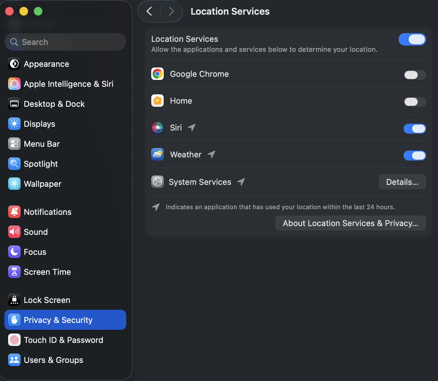 Mac’s Location Services are open on a MacBook Pro. Allow access for the main setting and for specific widget apps to fix Mac widgets not working.