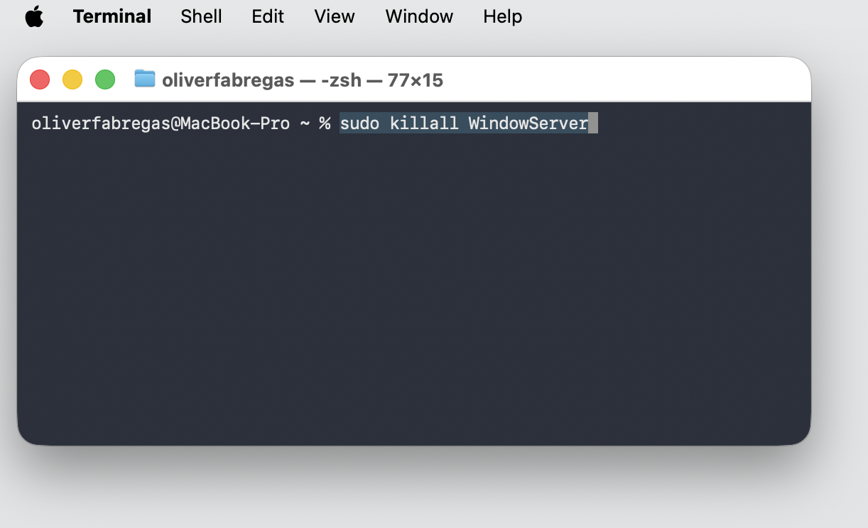 Terminal window on a MacBook running sudo killall WindowServer, pressing Return to refresh the display and clear the Mac clipboard error.