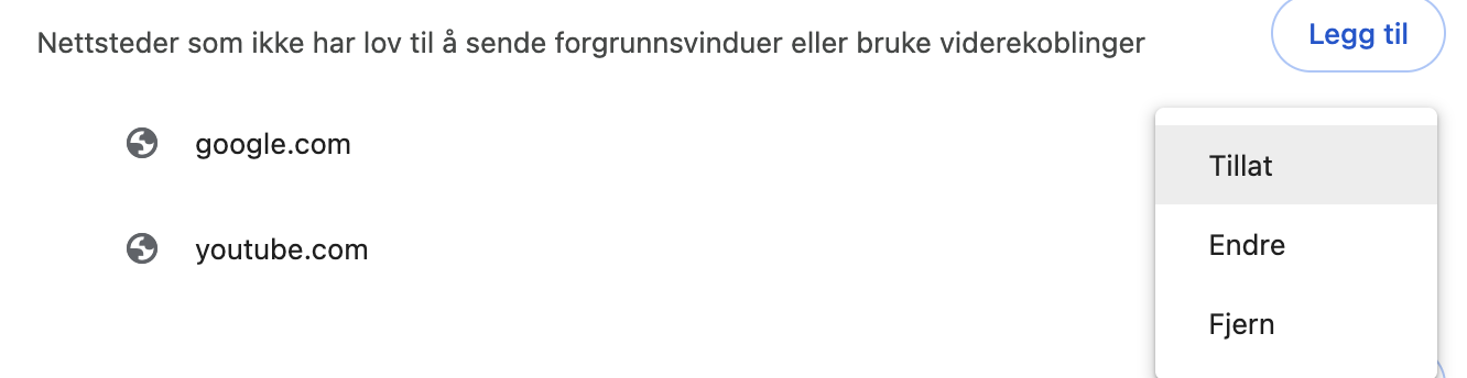 Gå gjennom listen, og velg noe å endre. Klikk på de tre prikkene, og bruk deretter menyen til å velge Blokker. Forgrunnsvinduer og viderekoblinger vil bli forhindret.