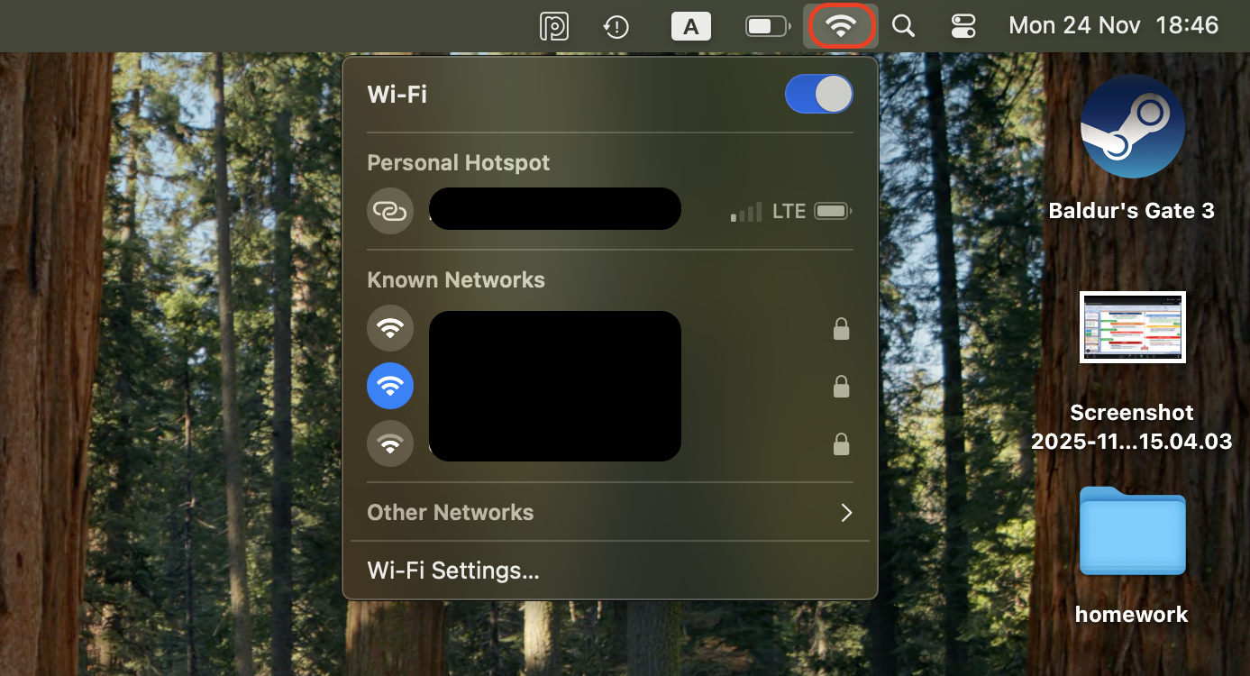 Click the Wi-Fi icon in the top-right menu bar and ensure your preferred network is selected so your Mac stays connected for proper iCloud syncing.