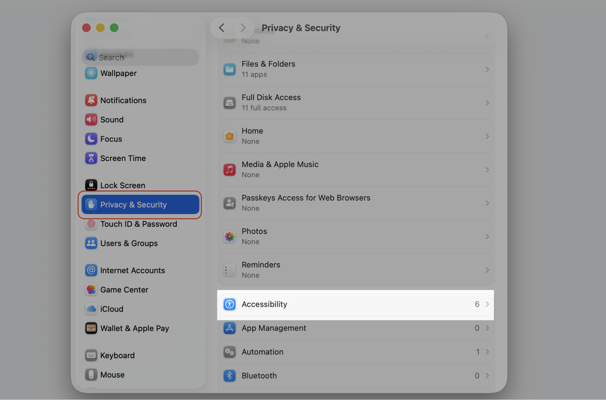 System Settings Privacy & Security tab on a Mac with Accessibility selected to grant Dropbox the permissions it needs to run.