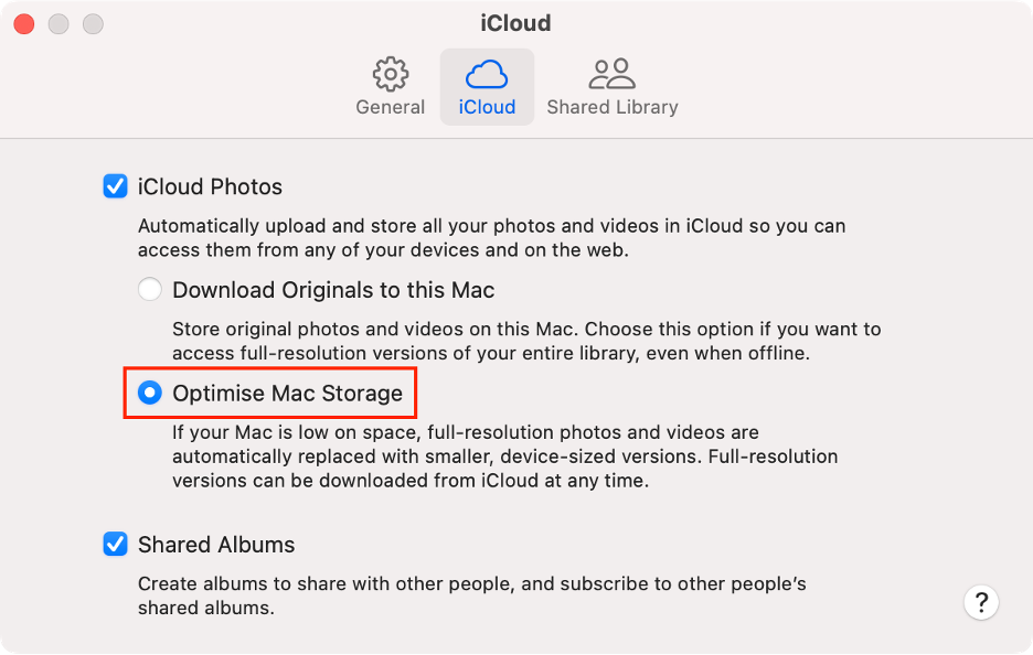 To manage the photos stored on your iCloud, make sure the Optimize Mac Storage option is selected.