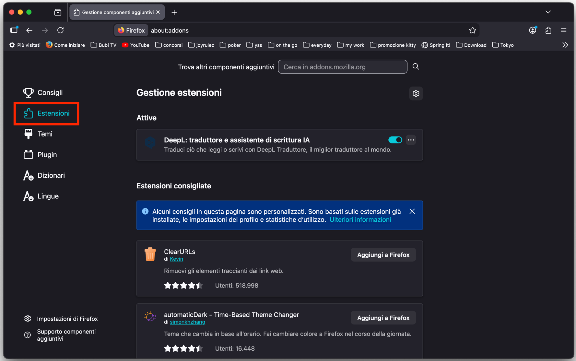 Nell’elenco dei consigli di Firefox puoi vedere Temi, plugin ed estensioni. Seleziona la sezione Estensioni e individua quella che vuoi eliminare.