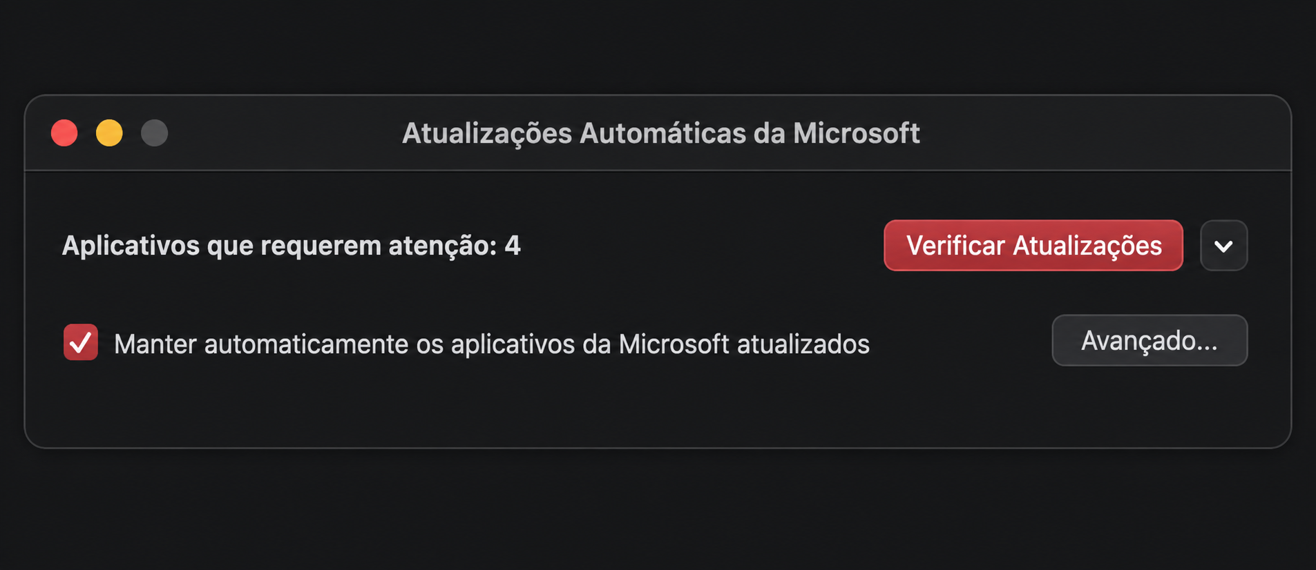 Na janela Atualizações Automáticas da Microsoft, você verá o botão 'Verificar Atualizações'. Clique nele e o aplicativo buscará por atualizações disponíveis.