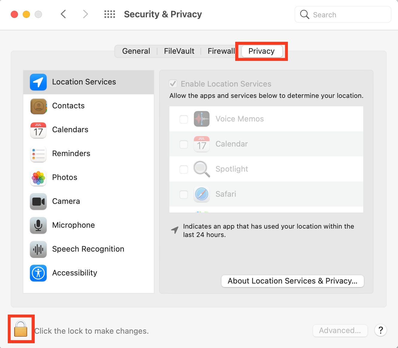 Security & Privacy settings are open on a Mac. Click on the Privacy tab to turn off the Mac camera and protect your data and privacy.