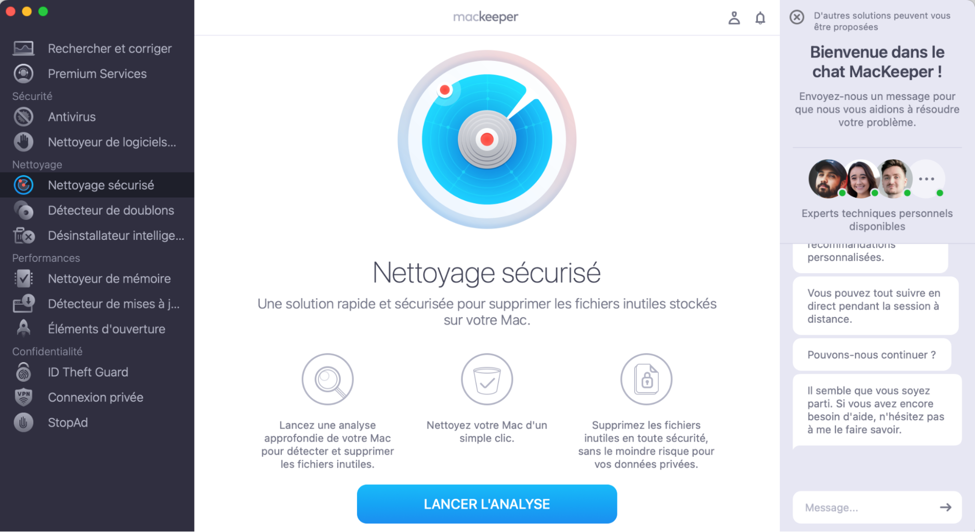 Pour supprimer les fichiers indésirables de votre Mac, lancez MacKeeper et sélectionnez Nettoyage sécurisé dans le volet gauche, puis cliquez sur le bouton Lancer l’analyse.