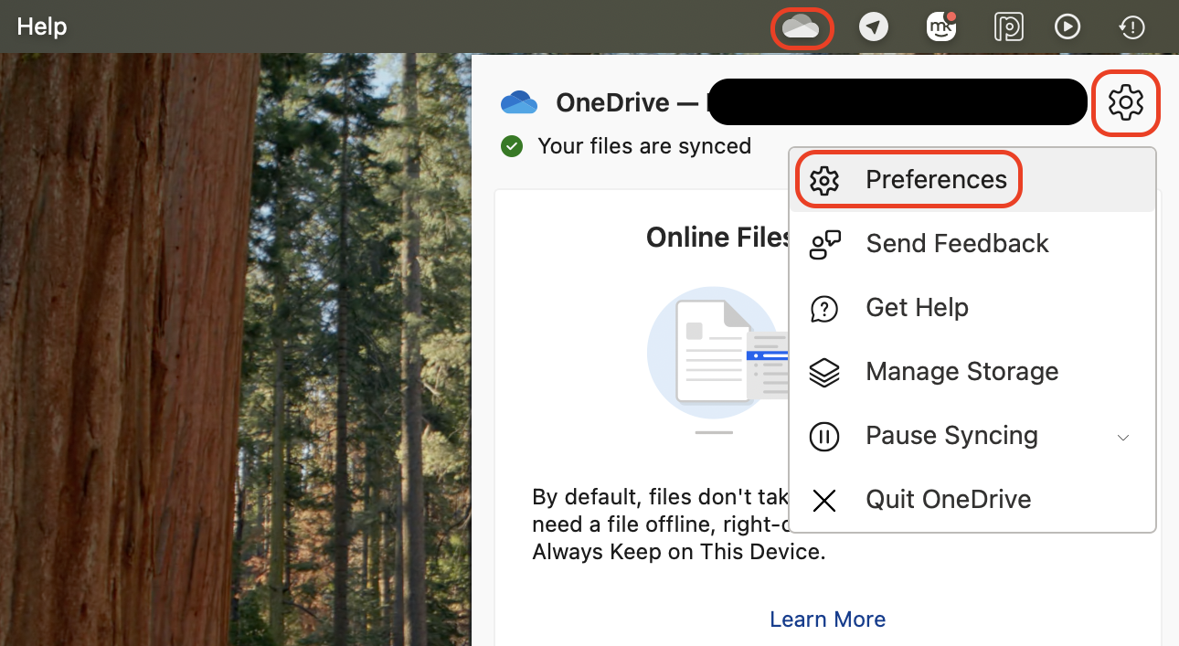 Click the OneDrive icon, open Help & Settings, and select Preferences to access and adjust your OneDrive account settings.