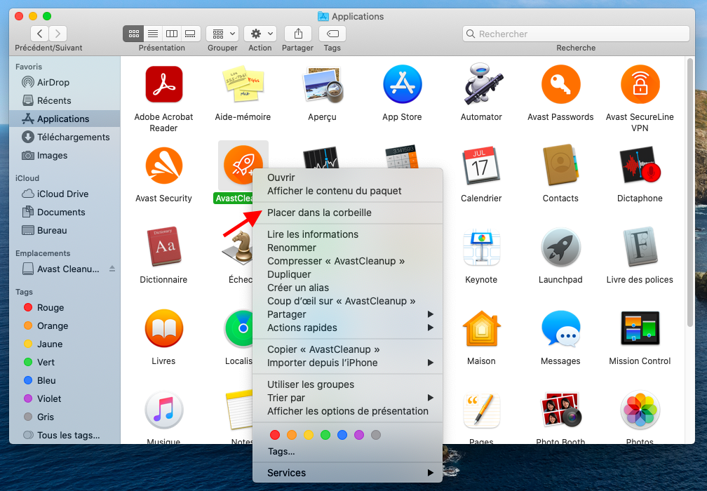 Le dossier Applications se trouve dans le Finder sur Mac. Effectuez un clic droit sur Avast Cleanup, puis sélectionnez Placer dans la corbeille. Le dossier Applications se trouve dans le Finder sur Mac. Effectuez un clic droit sur Avast Cleanup, puis sélectionnez Placer dans la corbeille.