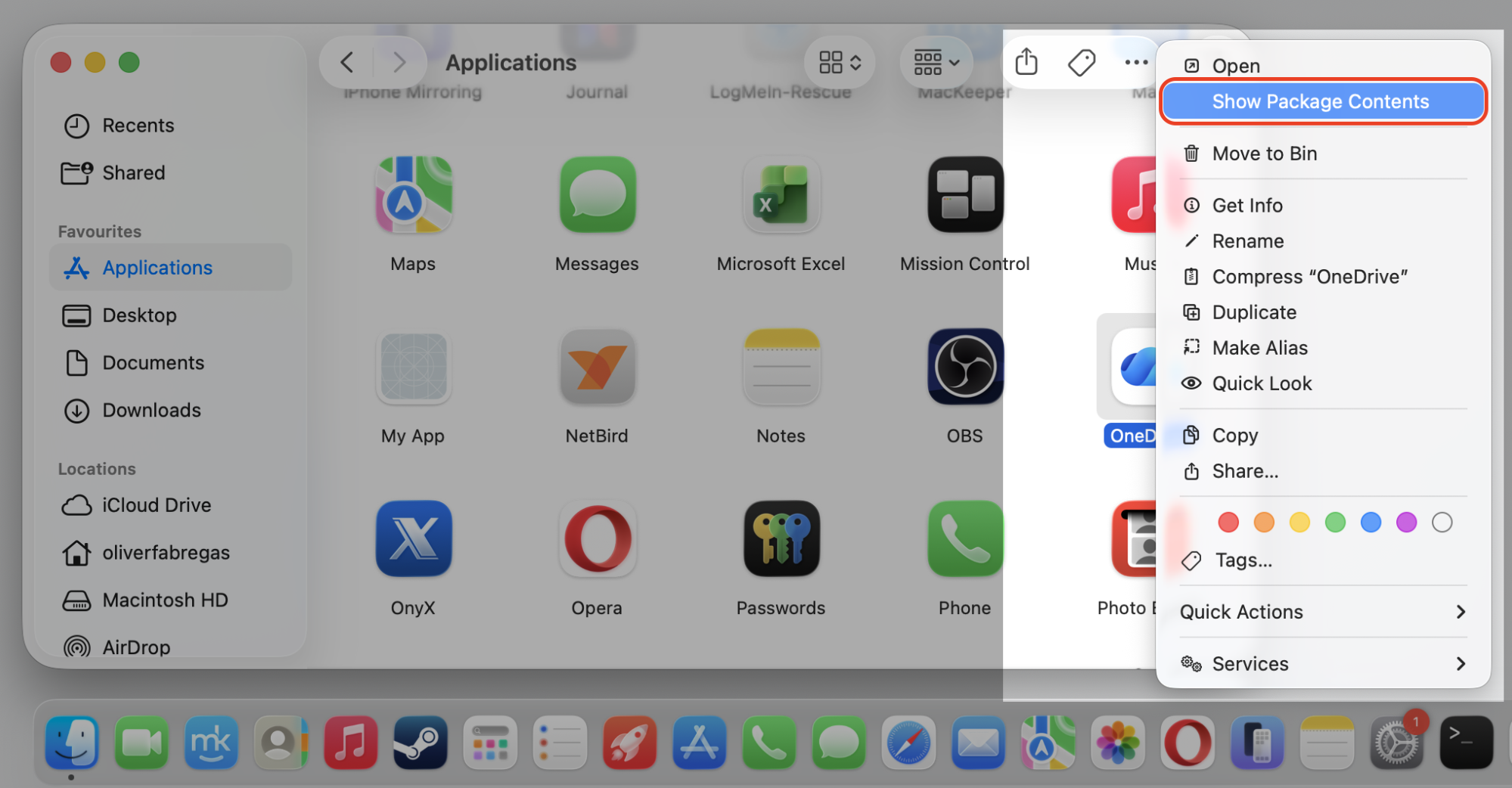 Finder right-click menu on the OneDrive app with Show Package Contents selected to reach the reset command on your MacBook