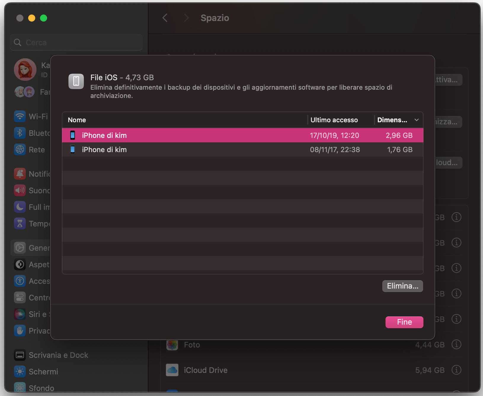 La cartella File iOS è selezionata nella scheda Archiviazione della finestra Informazioni su questo Mac. Qui puoi vedere il tuo dispositivo iOS collegato.