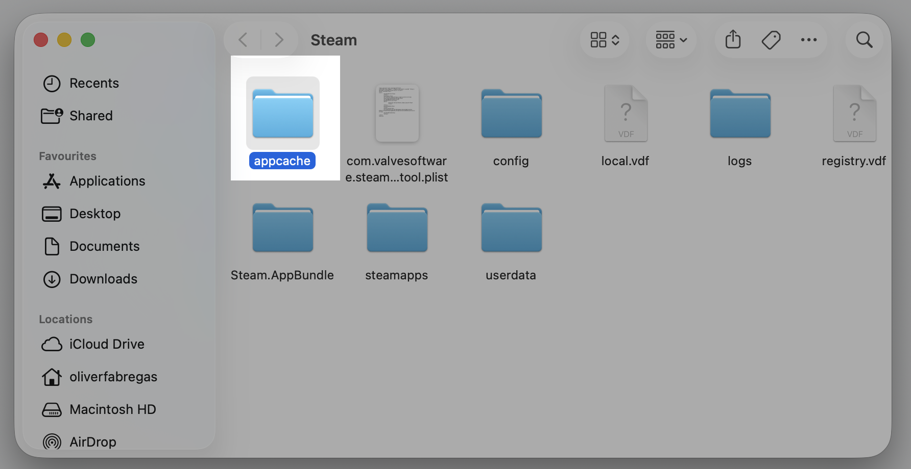 Select the appcache folder inside the Steam directory in the Finder window on your Apple computer running macOS.