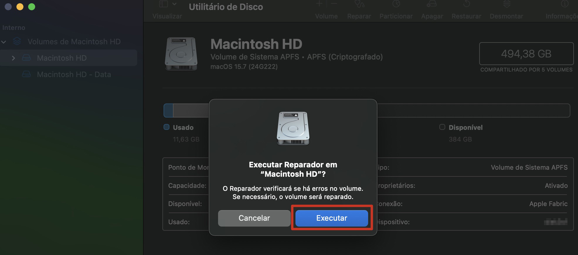 O aplicativo Utilitário de Disco perguntará se você deseja executar o Reparador no disco escolhido. Responda clicando no botão Executar.