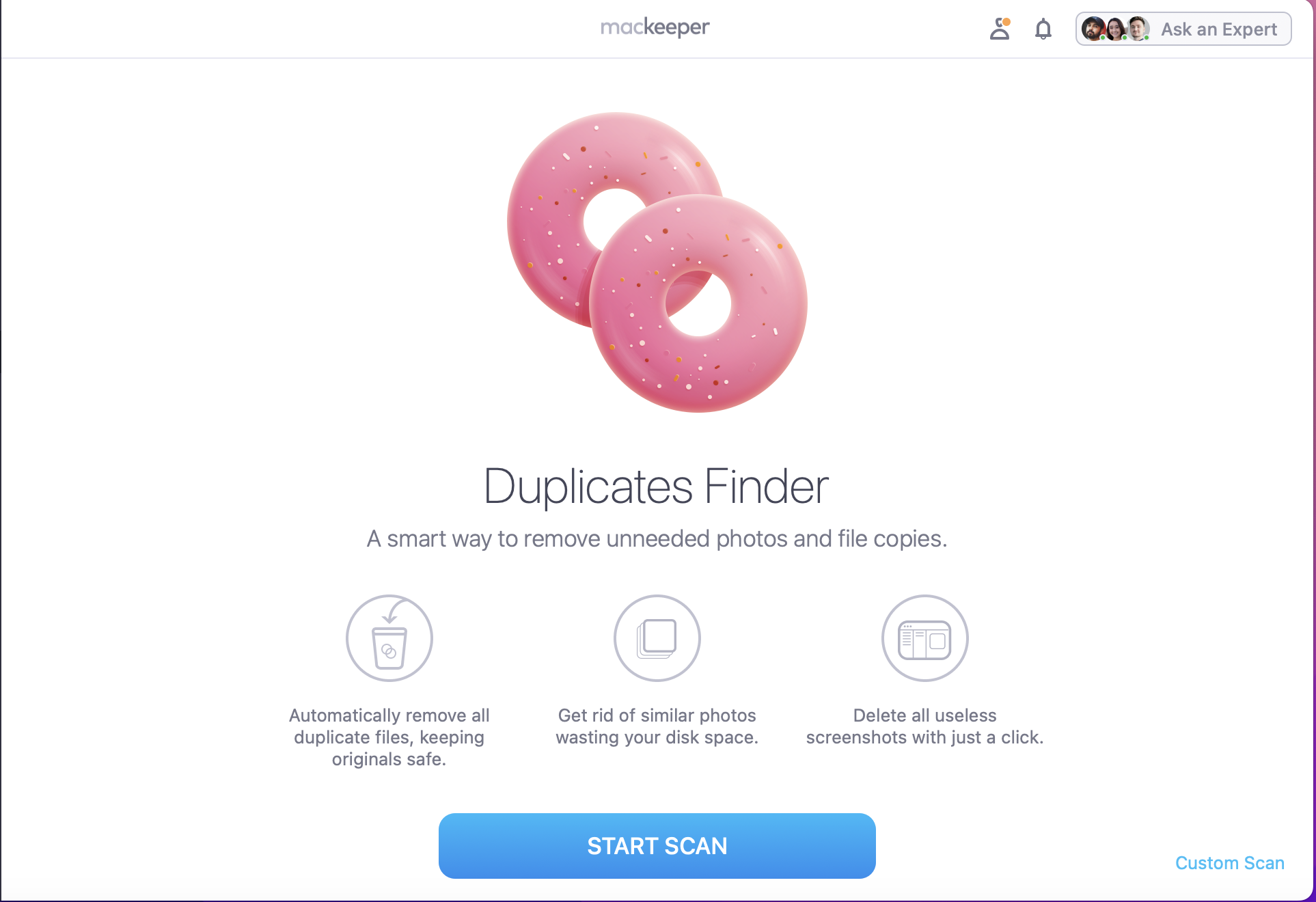 To find any hidden images on your Mac, or remove duplicates, first open the MacKeeper app. Then go to the Duplicate Finder tool and press Start Scan for the features to scan your entire library for you.