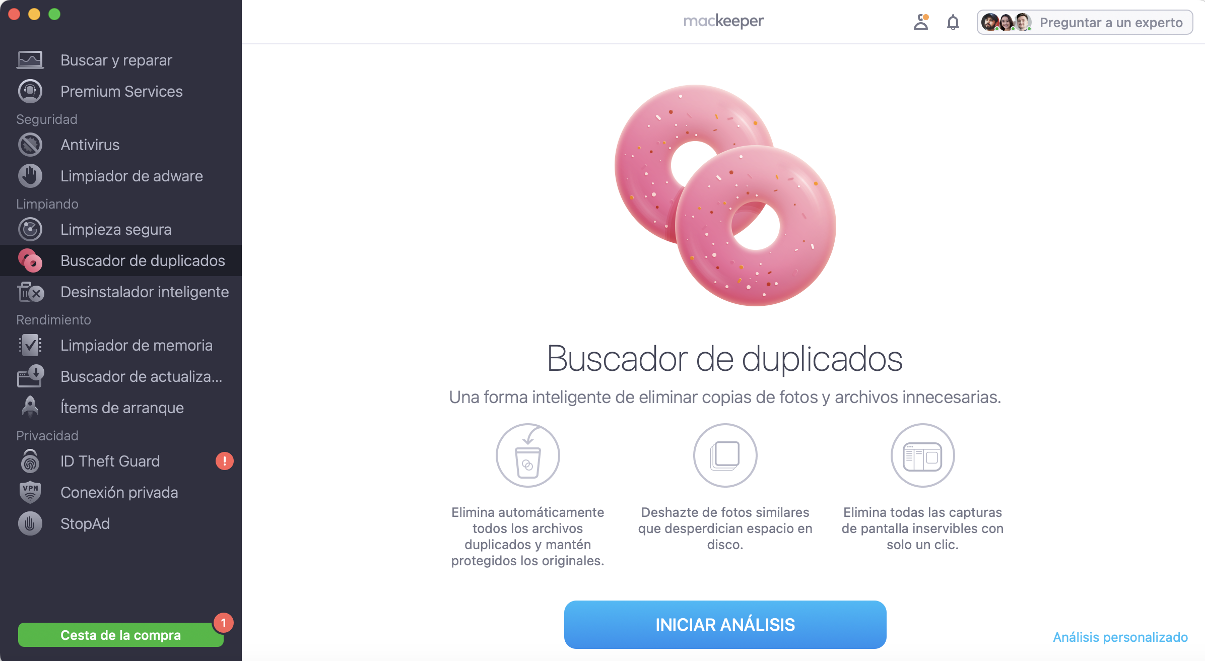 Para eliminar fotos duplicadas en Mac, abre la aplicación MacKeeper y selecciona Buscador de duplicados en el menú lateral. A continuación, pulsa Iniciar análisis para encontrar todos los archivos duplicados en tu Mac.