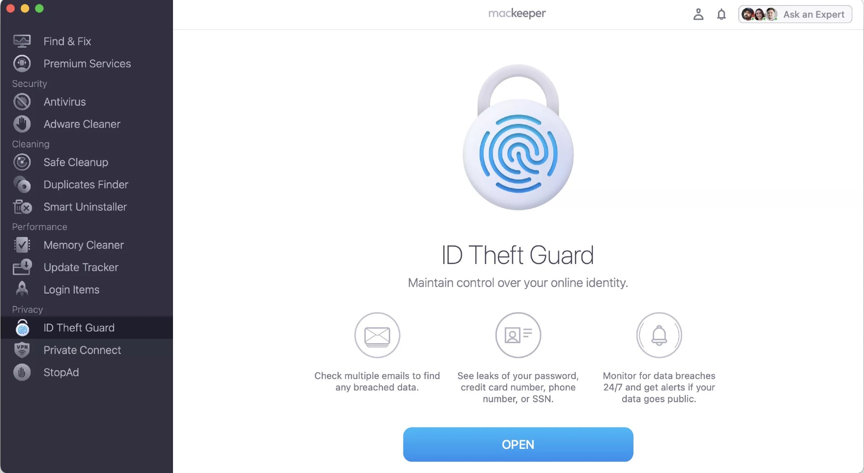 To check for any data breaches, open the MacKeeper app and head to the ID Theft Guard tool. Then press on the Open button to begin.