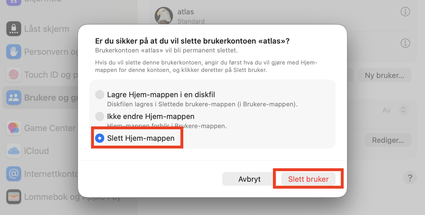 For å slette en uønsket profil på macOS velger du alternativet Slett hjemmemappen, og klikker deretter på Slett bruker-knappen.