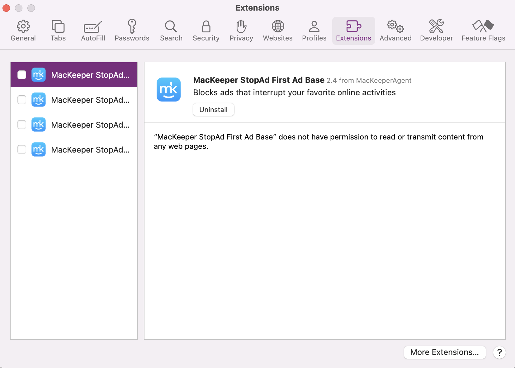 To disable or remove extensions on Safari, in case they’re causing server connection interruptions, begin by opening up your Safari Settings again. From there, click on the Extension tab. In the list on the left, untick to disable or press Uninstall next to your old or unwanted extensions.