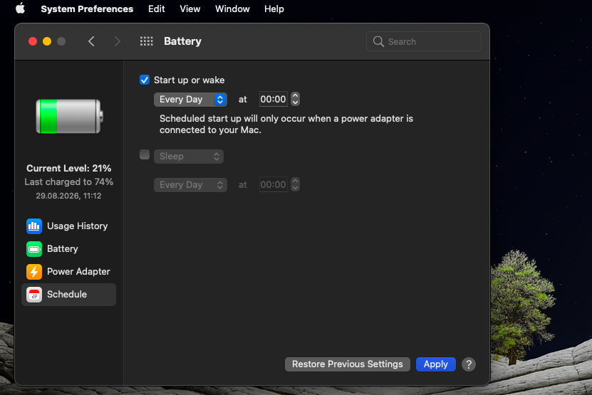 Battery Schedule pane in macOS Monterey System Preferences with the start-up checkbox on and days and time set for a scheduled shutdown.