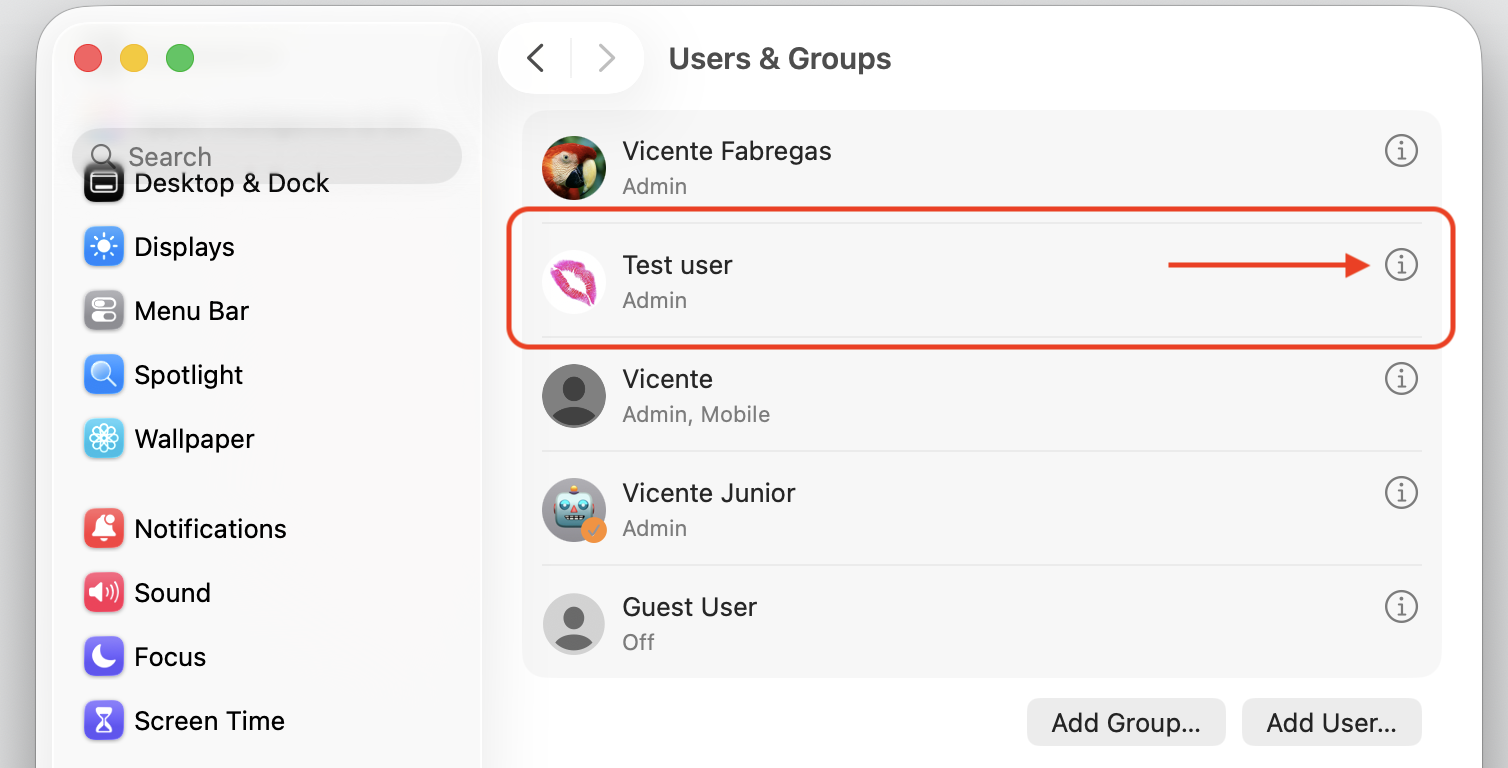 macOS Users & Groups on an Apple computer with the Test user selected and its info button highlighted to start removing the account.