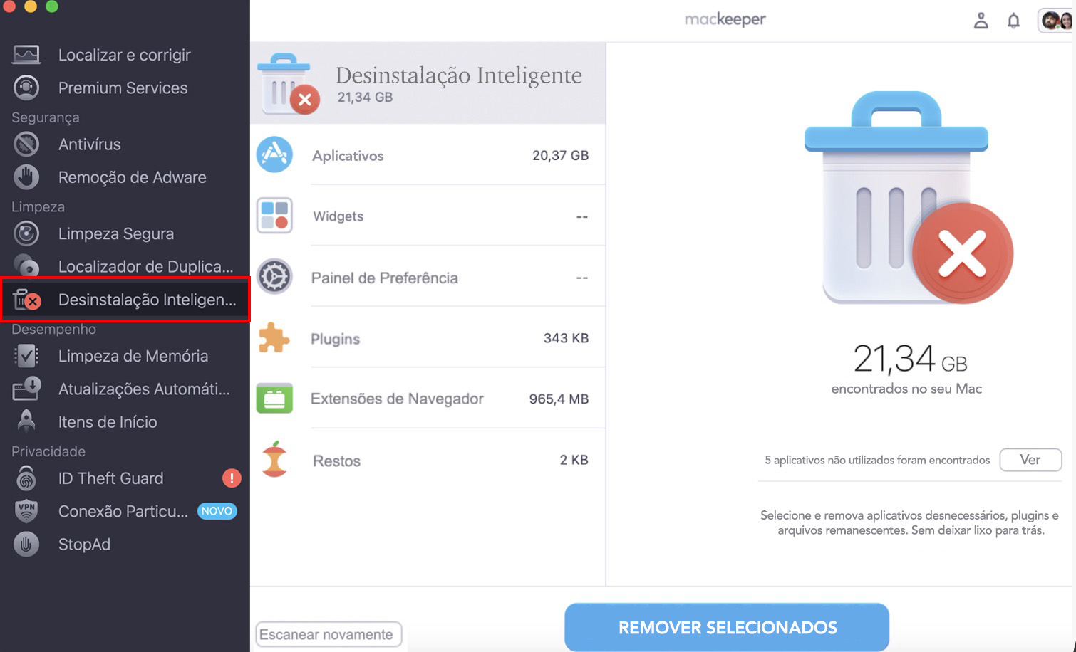 Para excluir arquivos de sistemas operacionais antigos, use o Desinstalação Inteligente do MacKeeper. Abra o aplicativo, vá para Desinstalação Inteligente e clique em Remover Selecionados. Aguarde enquanto o MacKeeper exclui os aplicativos antigos.
