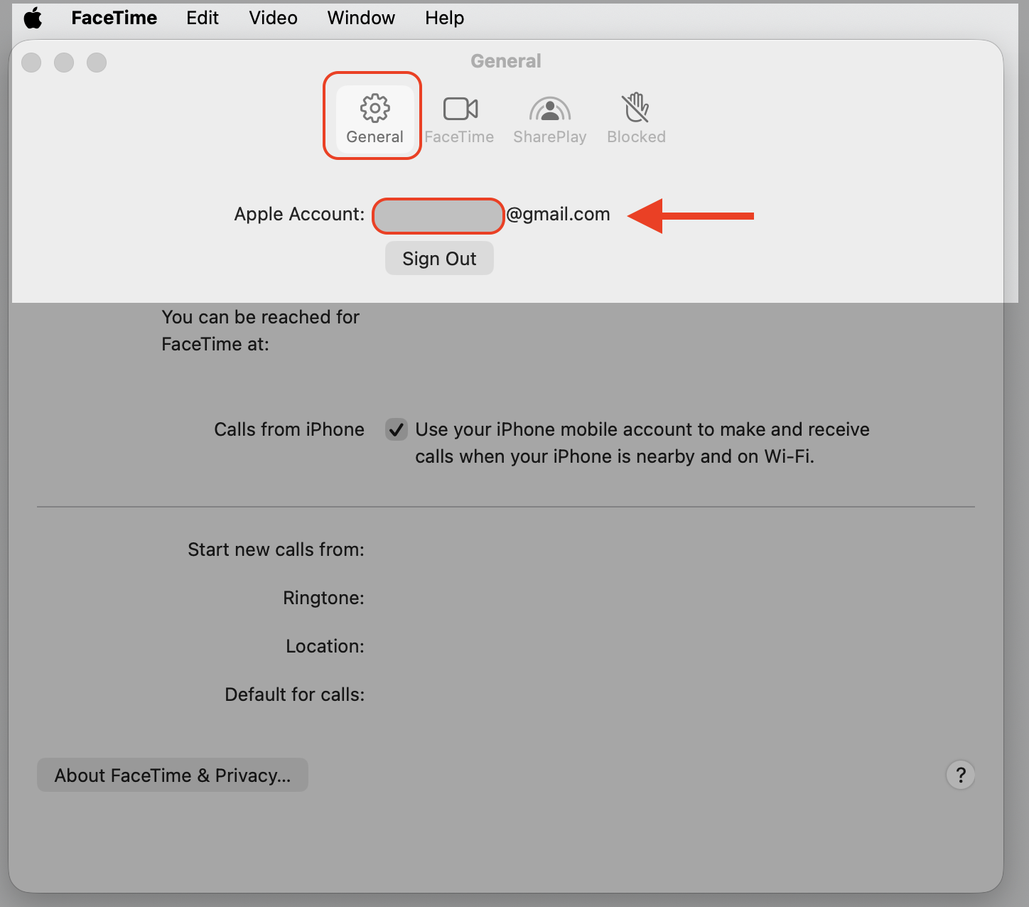 FaceTime Settings window on an Apple computer showing the General tab where you verify the signed-in Apple Account on macOS.